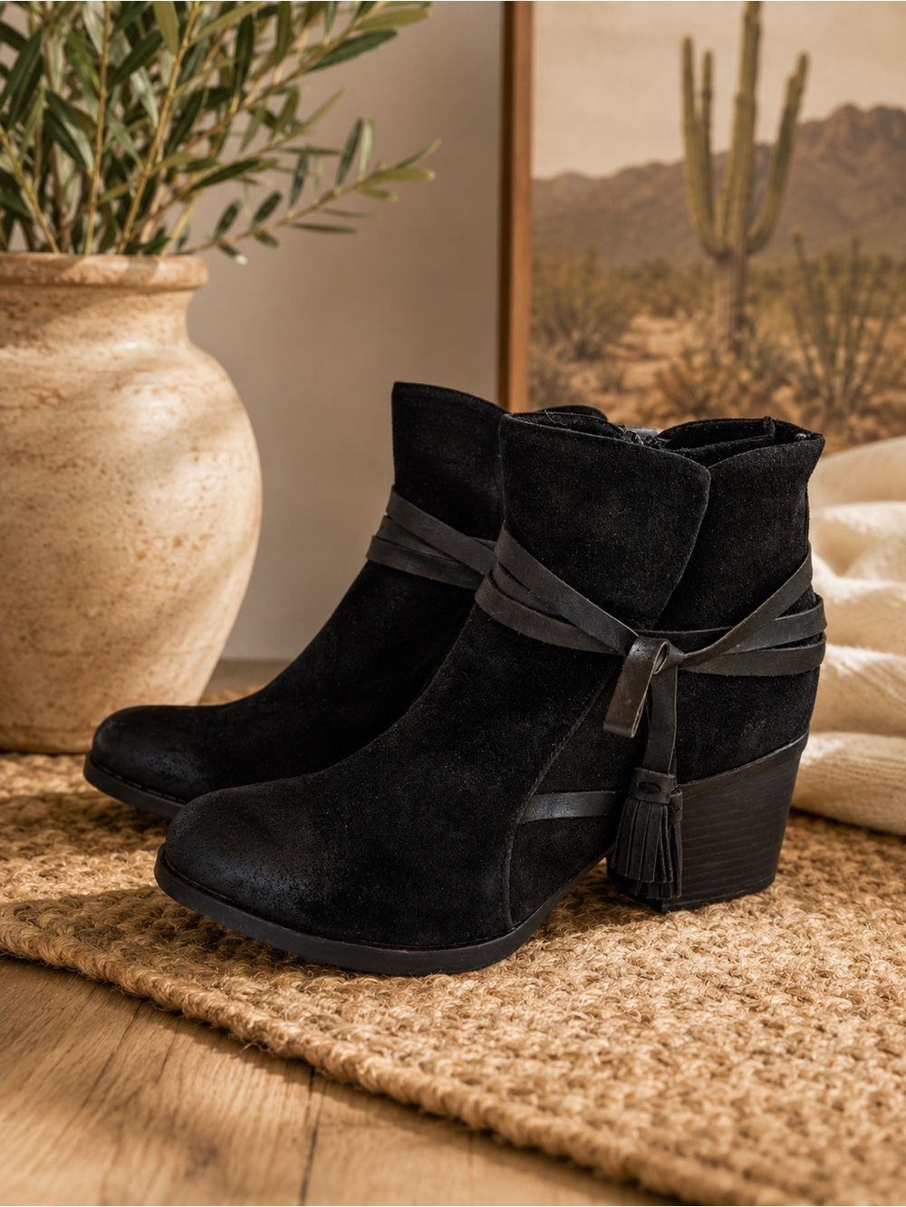 Black Suede Leather Zip Ankle Booties Square Toe Chunky Heel Tassels SIZE 9 BORN